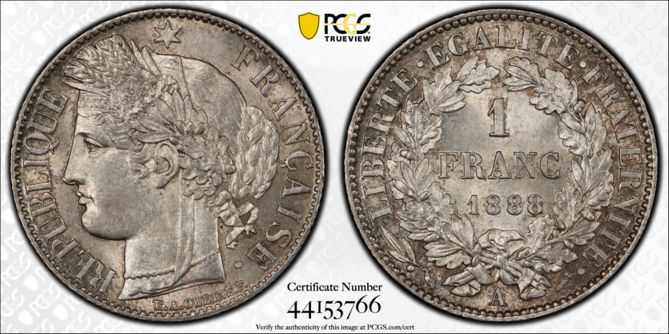 万国钱币拍卖第011期（视频直播专场） PCGS MS65 1888法国谷物女神1法郎银币