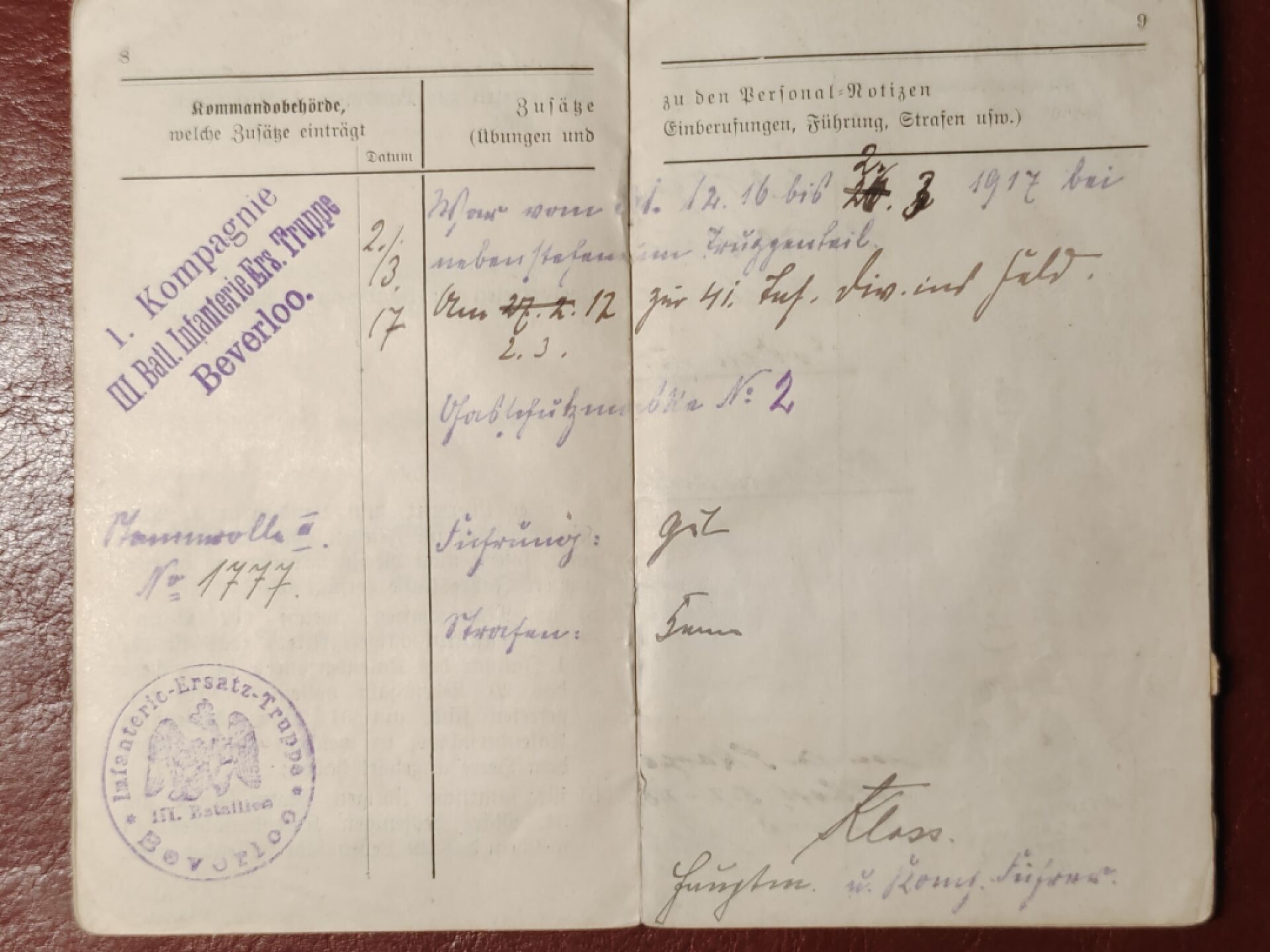 老威廉第二次麦稀奇拍卖 帝德士兵证1 [后备第17步兵团补充营]，获得二级铁十字，附带德三时期对一战作战记录的摘录文件，科隆地区签发于1944年的征召令