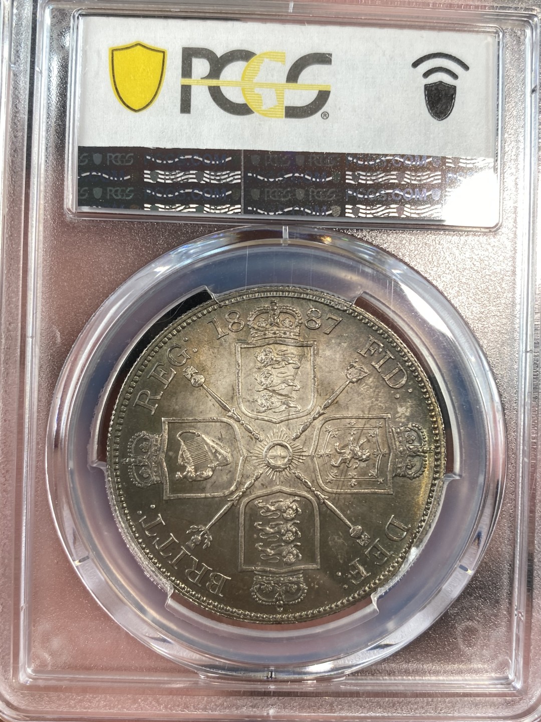 万国钱币拍卖第011期（视频直播专场） PCGS MS65 英国1887维多利亚女王高冠双弗洛林，绝美五彩，顶级品相，pc更高分只有4枚。