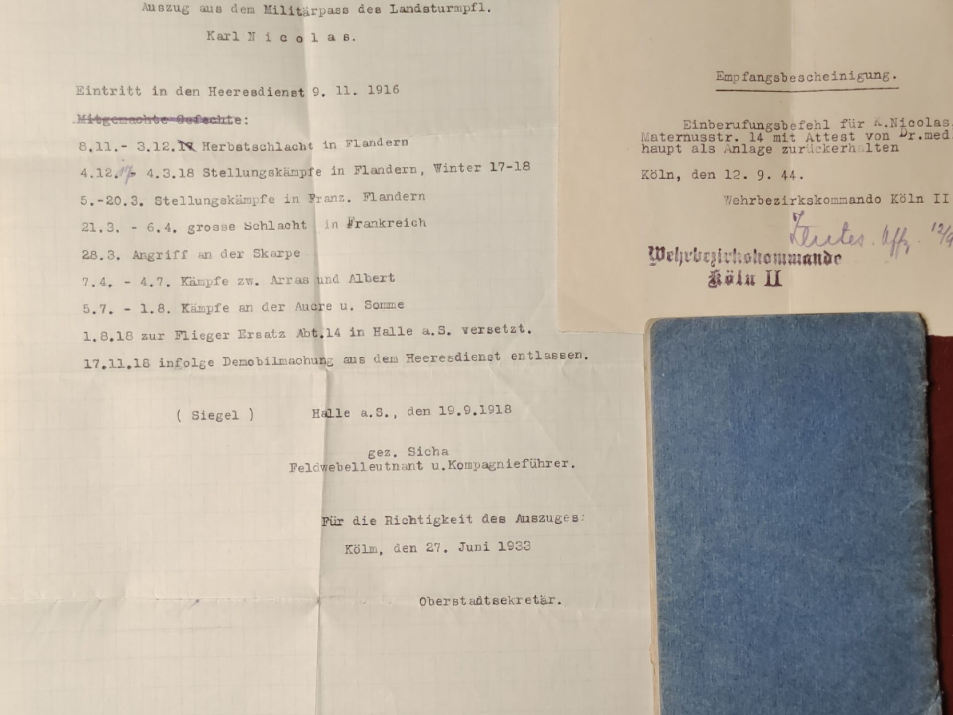 老威廉第二次麦稀奇拍卖 帝德士兵证1 [后备第17步兵团补充营]，获得二级铁十字，附带德三时期对一战作战记录的摘录文件，科隆地区签发于1944年的征召令