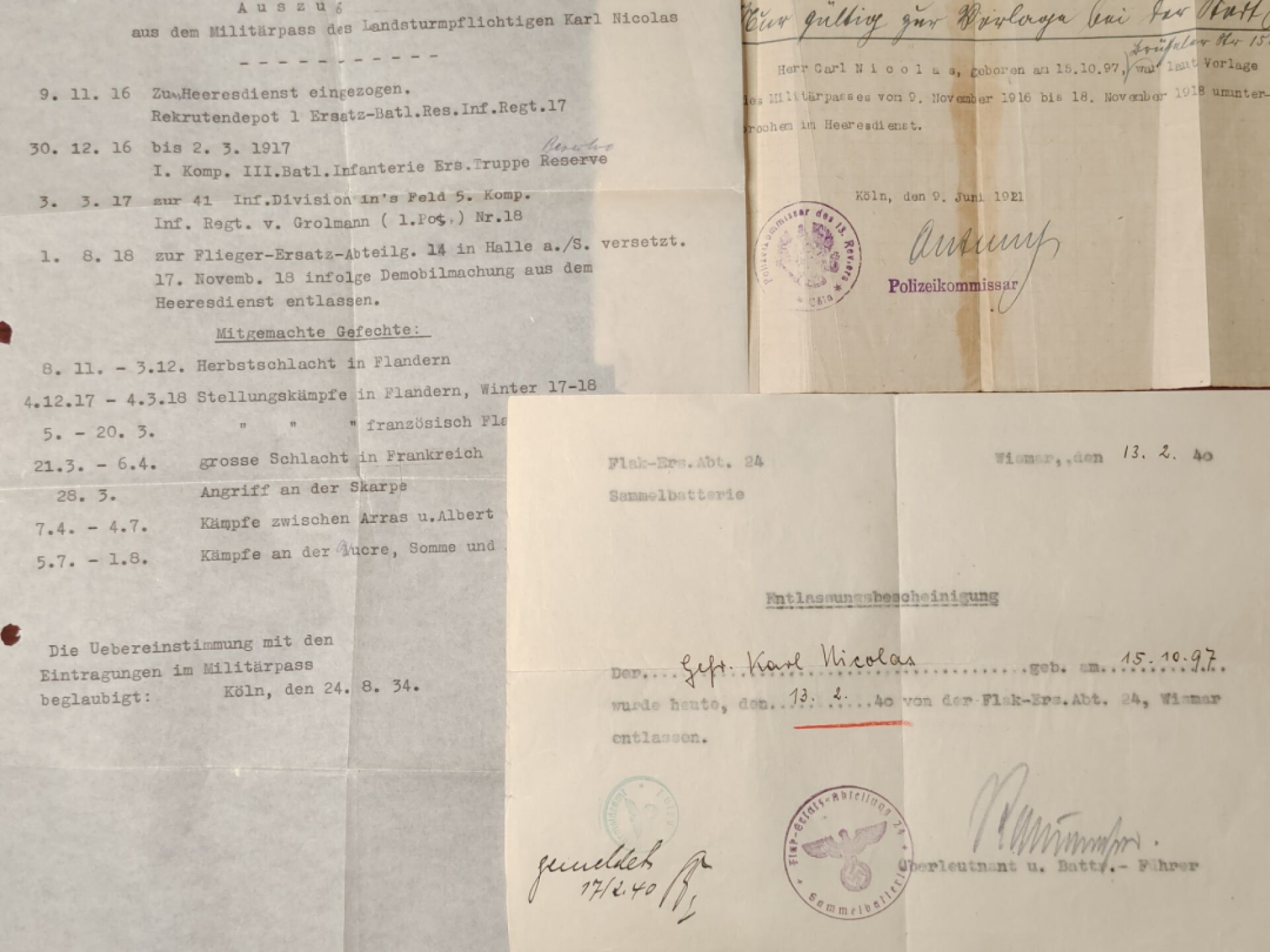 老威廉第二次麦稀奇拍卖 帝德士兵证1 [后备第17步兵团补充营]，获得二级铁十字，附带德三时期对一战作战记录的摘录文件，科隆地区签发于1944年的征召令