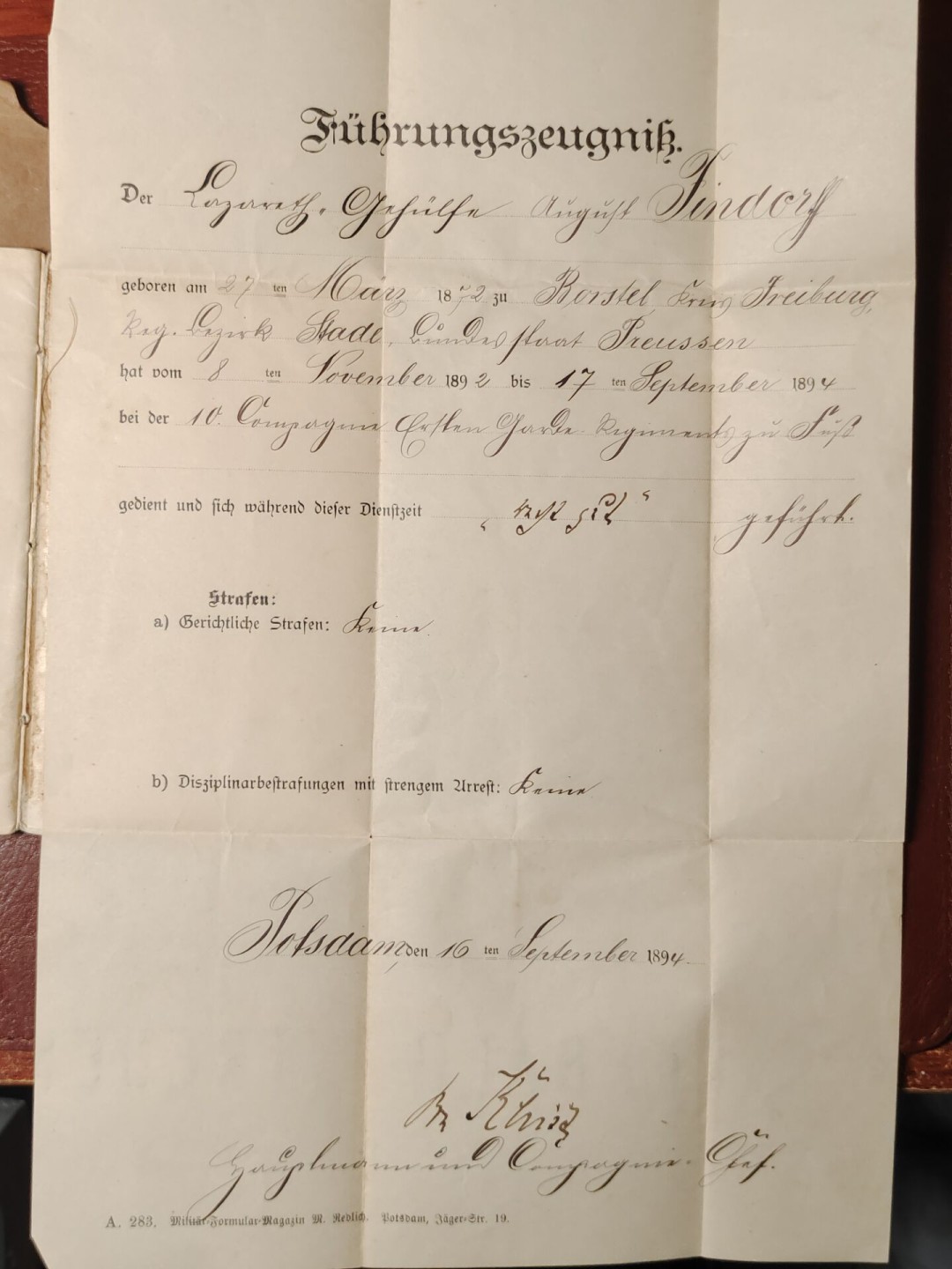 老威廉第二次麦稀奇拍卖 帝德士兵证3 [第1禁卫步兵团] 附带外壳和品行良好证明，证主是个救护兵