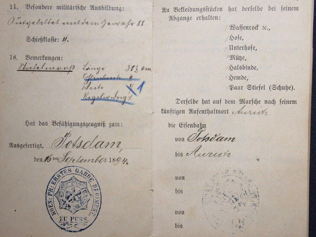 老威廉第二次麦稀奇拍卖 帝德士兵证3 [第1禁卫步兵团] 附带外壳和品行良好证明，证主是个救护兵