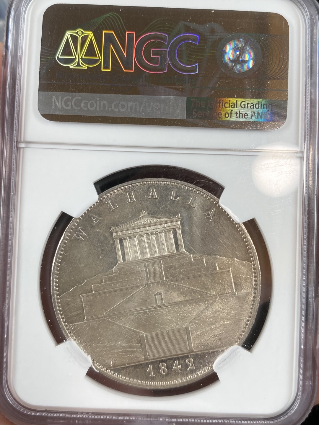 万国钱币拍卖第011期（视频直播专场） NGC MS63 1842年德国巴伐利亚路德维希一世纪念瓦尔哈拉英灵殿落成2泰勒 实物镜面PL 季军分数