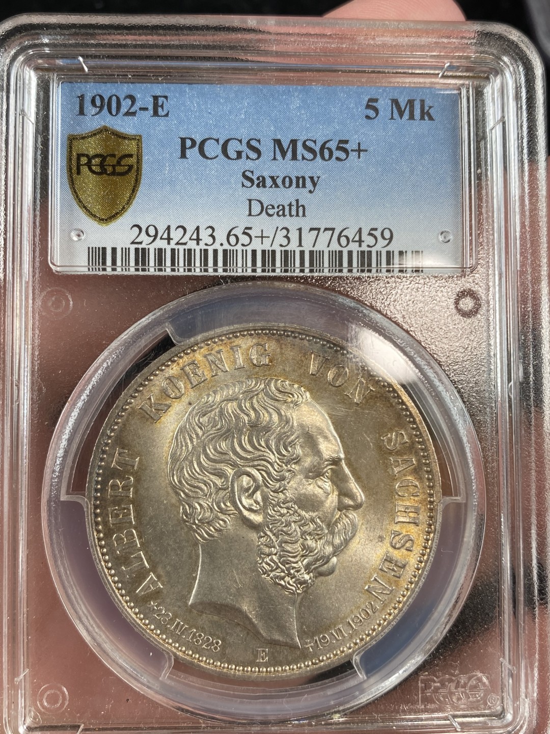 万国钱币拍卖第011期（视频直播专场） PCGS MS65+ 1902年德国萨克森阿尔伯特逝世纪念流通5马克 实物环彩车轮光