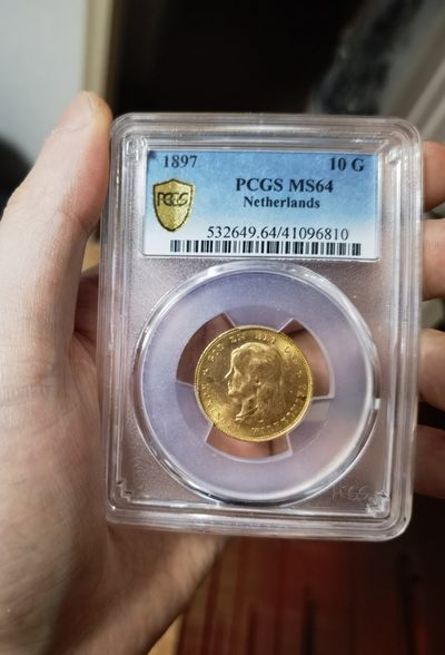 【希罗维】第4场：贵金属钱币的魔力，钱币上的君主 - NGC-MS64荷兰威廉明娜女王1897年10盾金币 萝莉 头像稀少版本，总发行量不到50万枚.