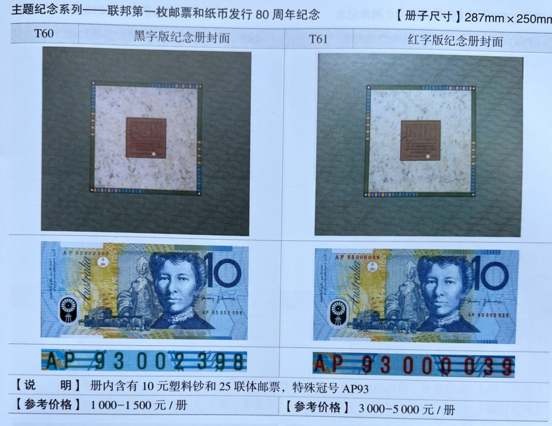 2025第25场（总第225期）：精品测试钞、纪念钞、塑料钞、连体钞综合场 红字版/AP93冠 澳大利亚“联邦第一枚邮票和纸币发行80周年”10澳元塑料纪念钞册装UNC（第455号）