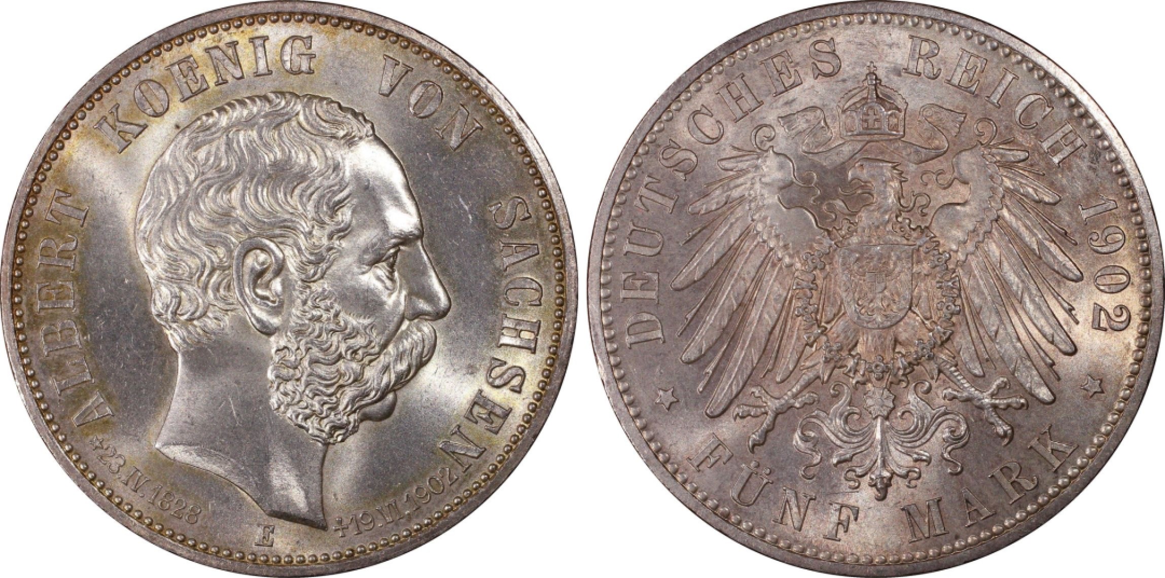 万国钱币拍卖第011期（视频直播专场） PCGS MS65+ 1902年德国萨克森阿尔伯特逝世纪念流通5马克 实物环彩车轮光