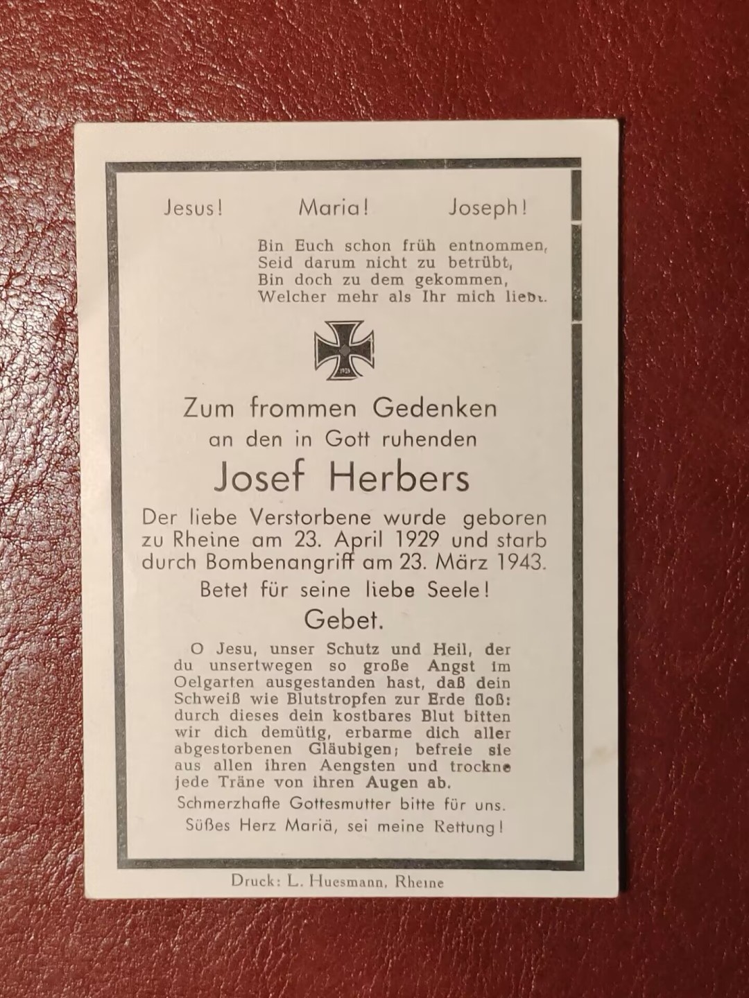 老威廉第二次麦稀奇拍卖 德三阵亡纪念卡 约瑟夫·赫伯斯 (Josef Herbers) 生于1929年4月23日，死于1943年3月23日的轰炸。