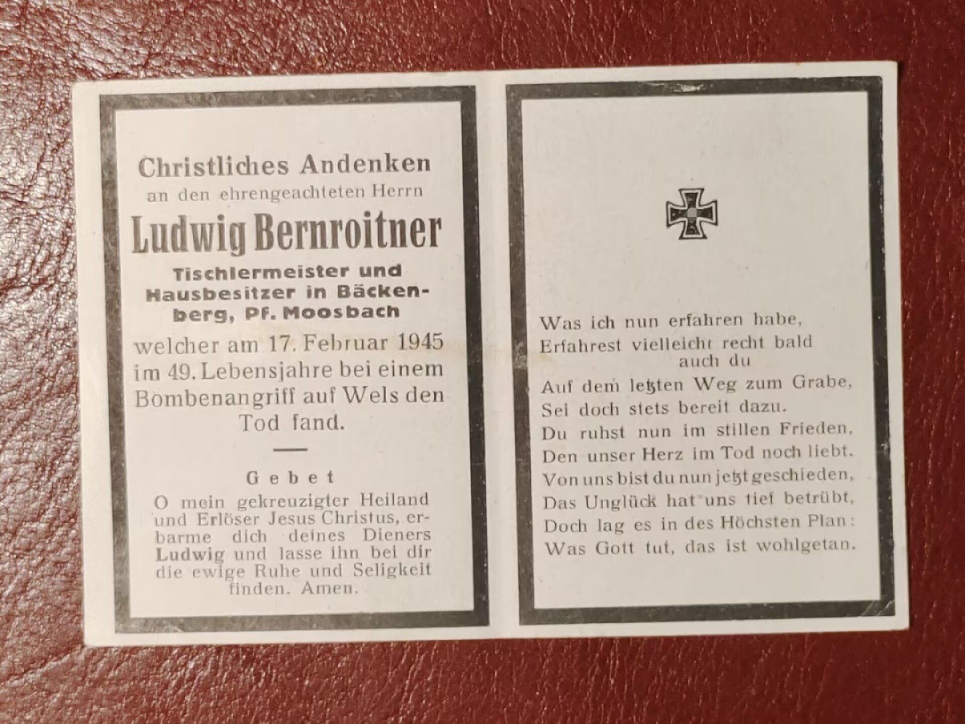 老威廉第二次麦稀奇拍卖 德三阵亡纪念卡 路德维希·伯恩洛特纳 (Ludwig Bernroitner) 在1945年2月17日的轰炸中离世，时年49岁