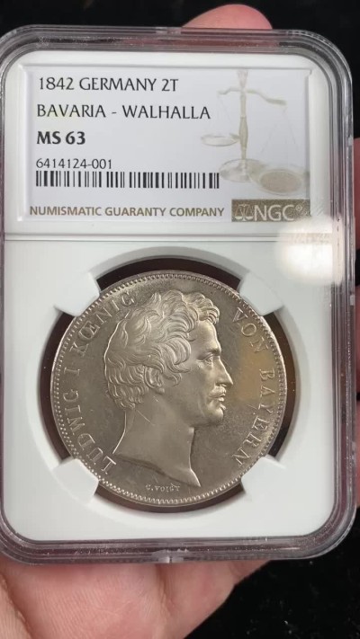 万国钱币拍卖第011期（视频直播专场） NGC MS63 1842年德国巴伐利亚路德维希一世纪念瓦尔哈拉英灵殿落成2泰勒 实物镜面PL 季军分数