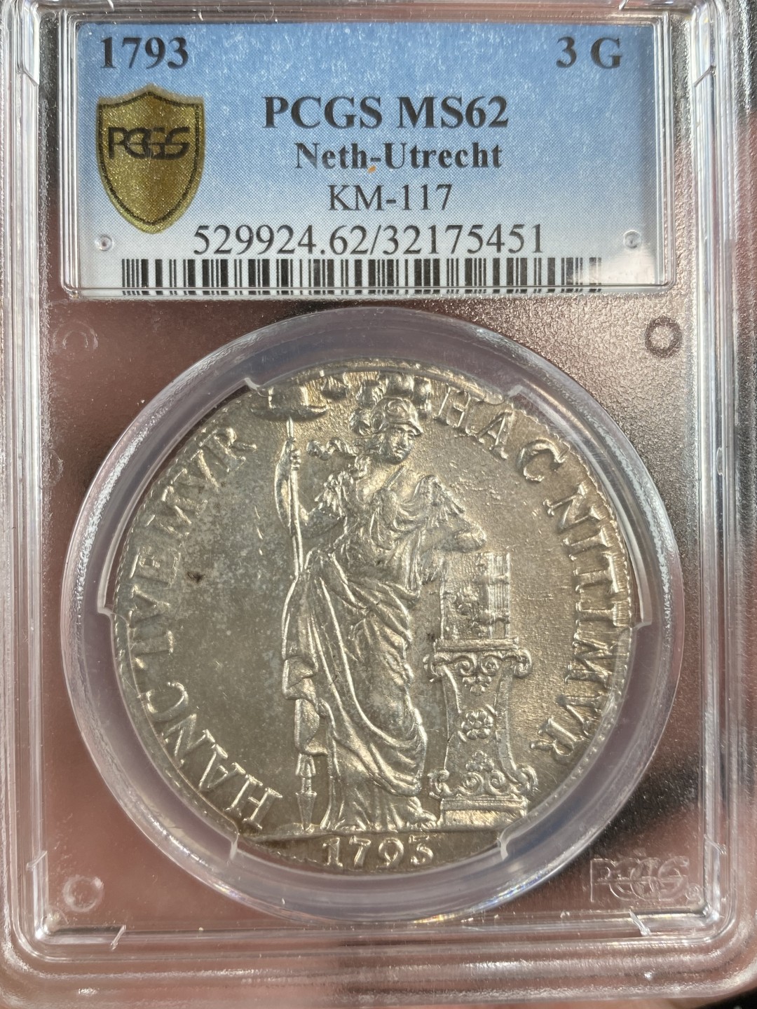 万国钱币拍卖第011期（视频直播专场） PCGS MS62 1793年荷兰乌特勒支省站人3古尔登大银币 转光打制深俊 人脸清晰 亚军分