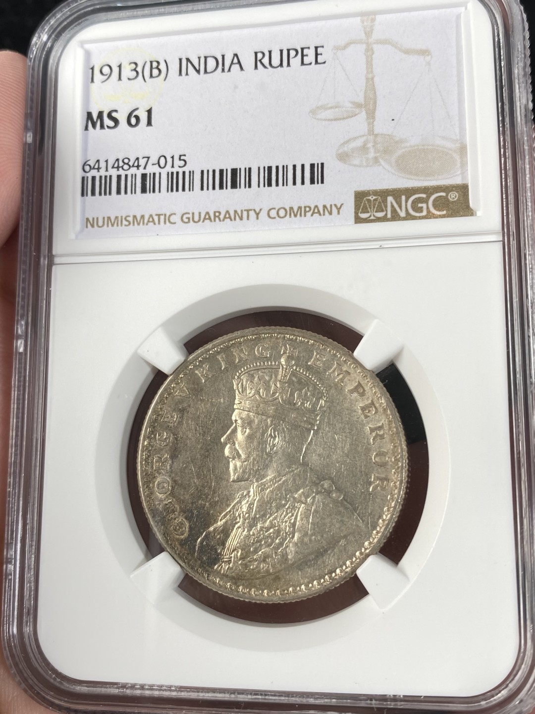 万国钱币拍卖第011期（视频直播专场） NGC MS61 1913B英属印度乔治五世1卢比，原光状态。