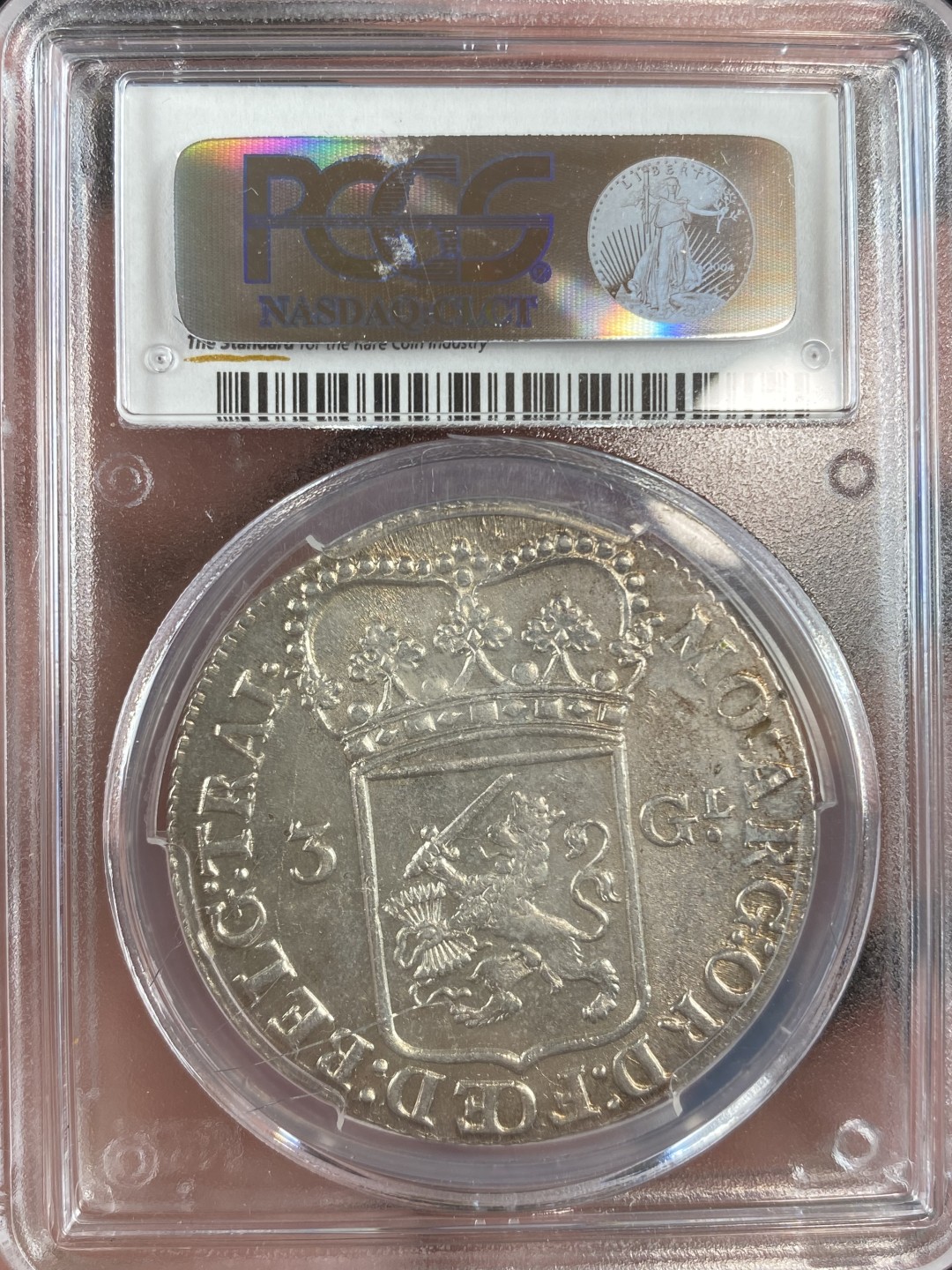 万国钱币拍卖第011期（视频直播专场） PCGS MS62 1793年荷兰乌特勒支省站人3古尔登大银币 转光打制深俊 人脸清晰 亚军分