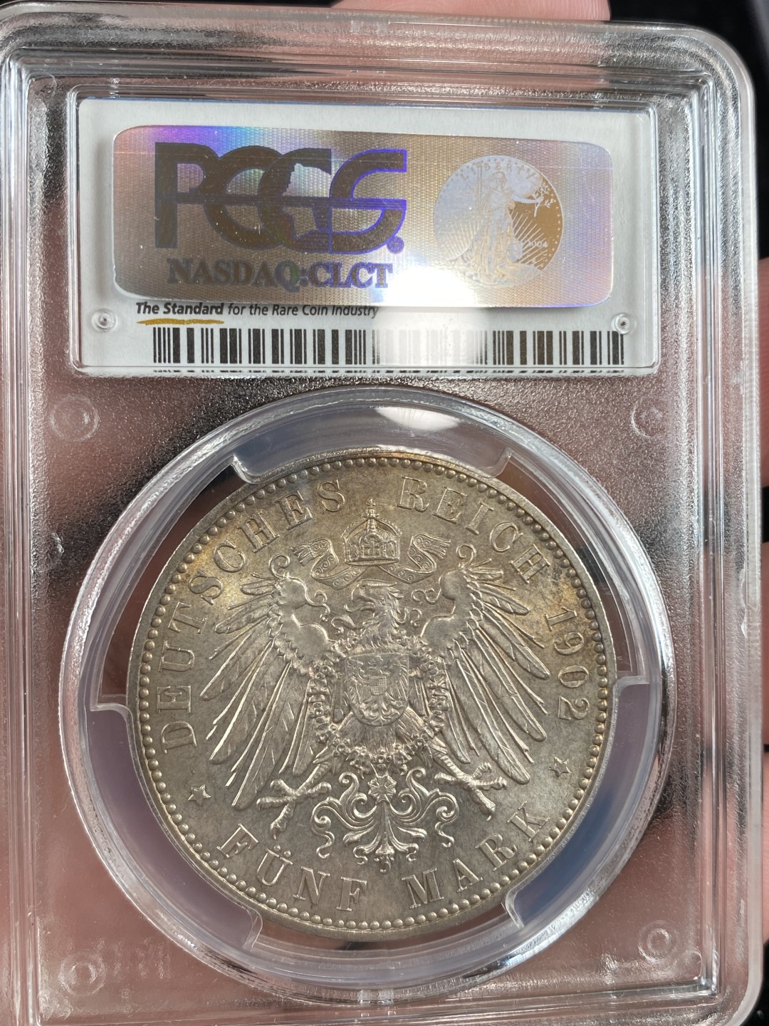 万国钱币拍卖第011期（视频直播专场） PCGS MS65+ 1902年德国萨克森阿尔伯特逝世纪念流通5马克 实物环彩车轮光