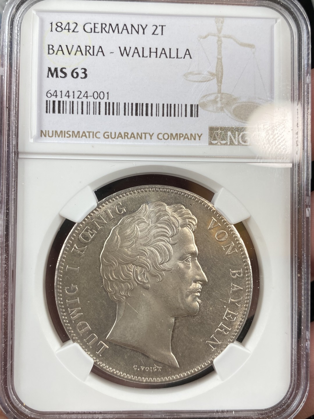 万国钱币拍卖第011期（视频直播专场） NGC MS63 1842年德国巴伐利亚路德维希一世纪念瓦尔哈拉英灵殿落成2泰勒 实物镜面PL 季军分数