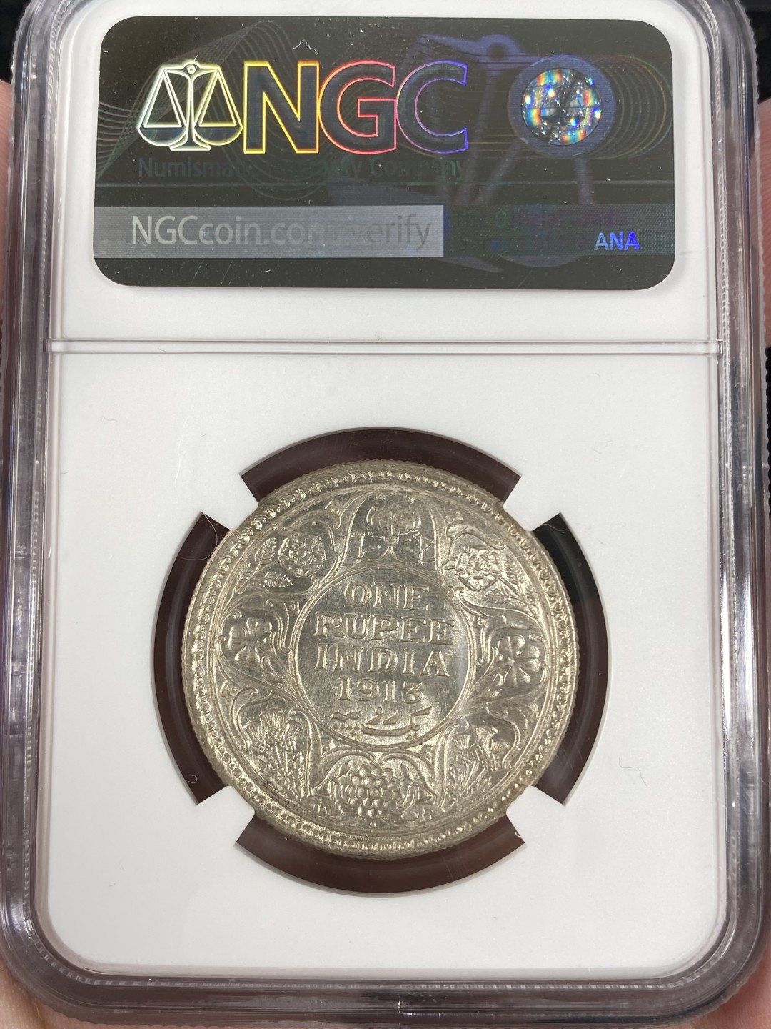 万国钱币拍卖第011期（视频直播专场） NGC MS61 1913B英属印度乔治五世1卢比，原光状态。