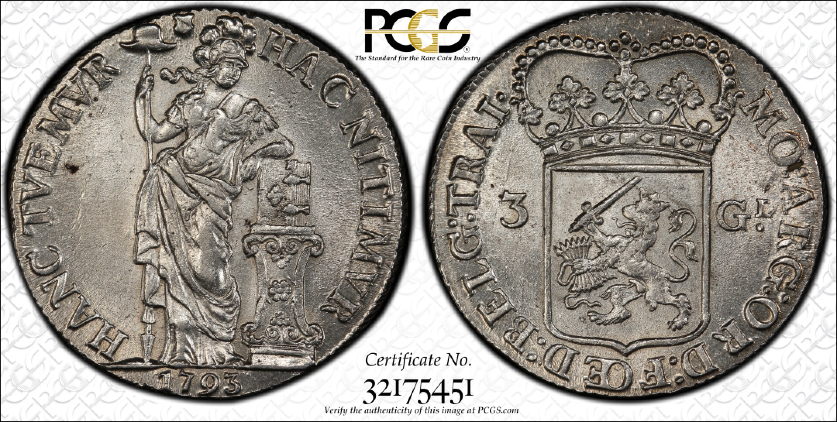 万国钱币拍卖第011期（视频直播专场） PCGS MS62 1793年荷兰乌特勒支省站人3古尔登大银币 转光打制深俊 人脸清晰 亚军分