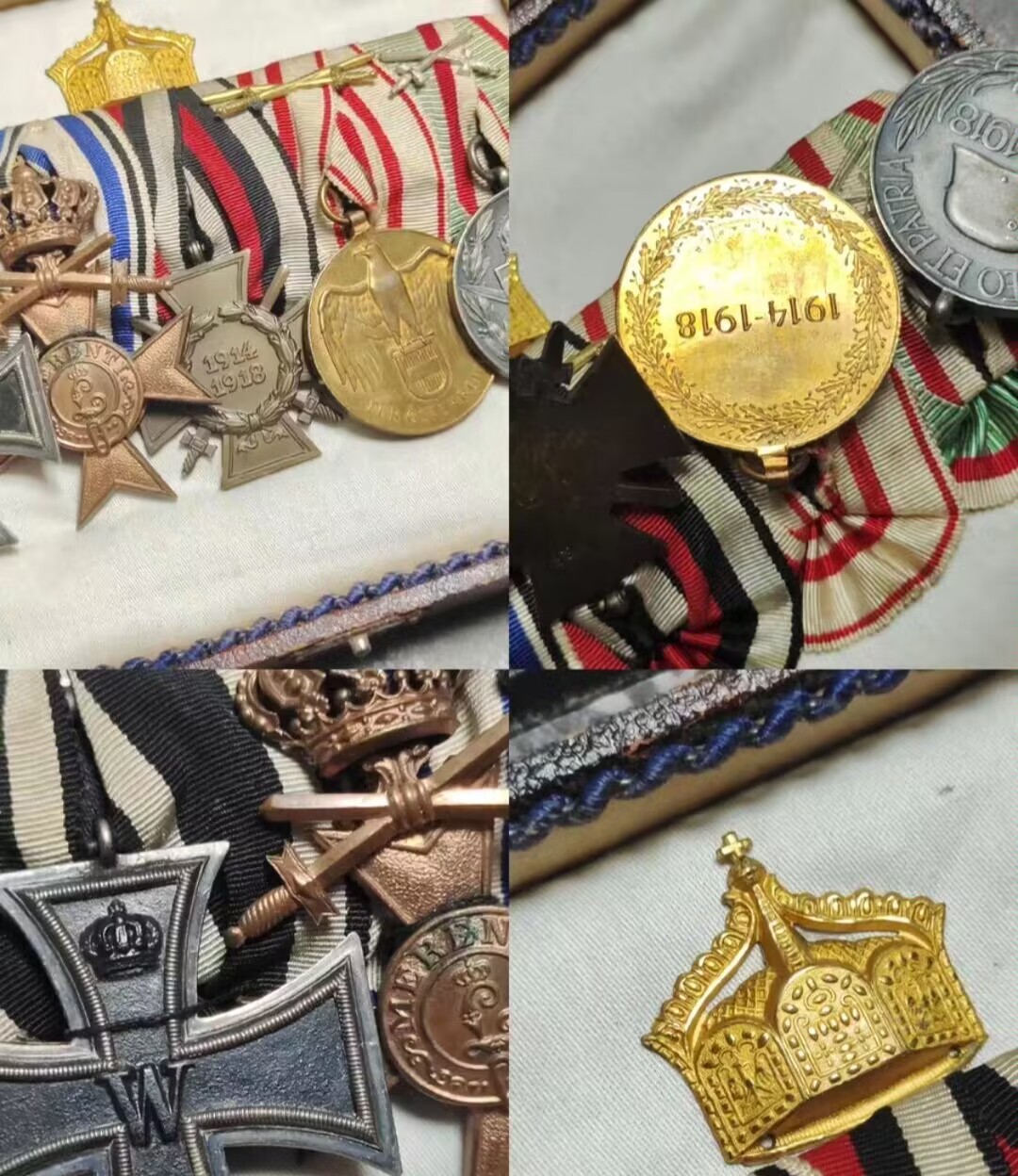 老威廉第二次麦稀奇拍卖 帝德勋章联排高级定制套，五联由二级铁十字、巴伐利亚剑冠MVK3、兴登堡十字、奥地利一战参战纪念、和匈牙利一战参战纪念组成。玻璃相框式礼盒背打DRGM帝国专利局标，带有挂钩可以悬挂展示。整体品相完好，内部嵌有帝德皇冠饰。非常罕见，不可多得的一套定制礼盒联排