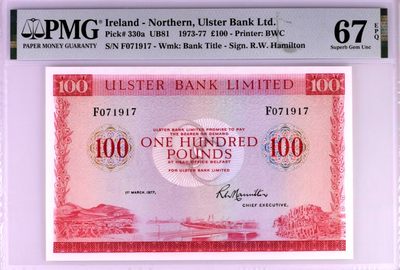 【Blue Auction】✨世界纸币精拍第339期——莫总专场XXIV -  【冠军分罕见 各大国际拍卖也很少见到】北爱尔兰 1973-77年100镑 BWC出品 PMG67EPQ 高分难遇 