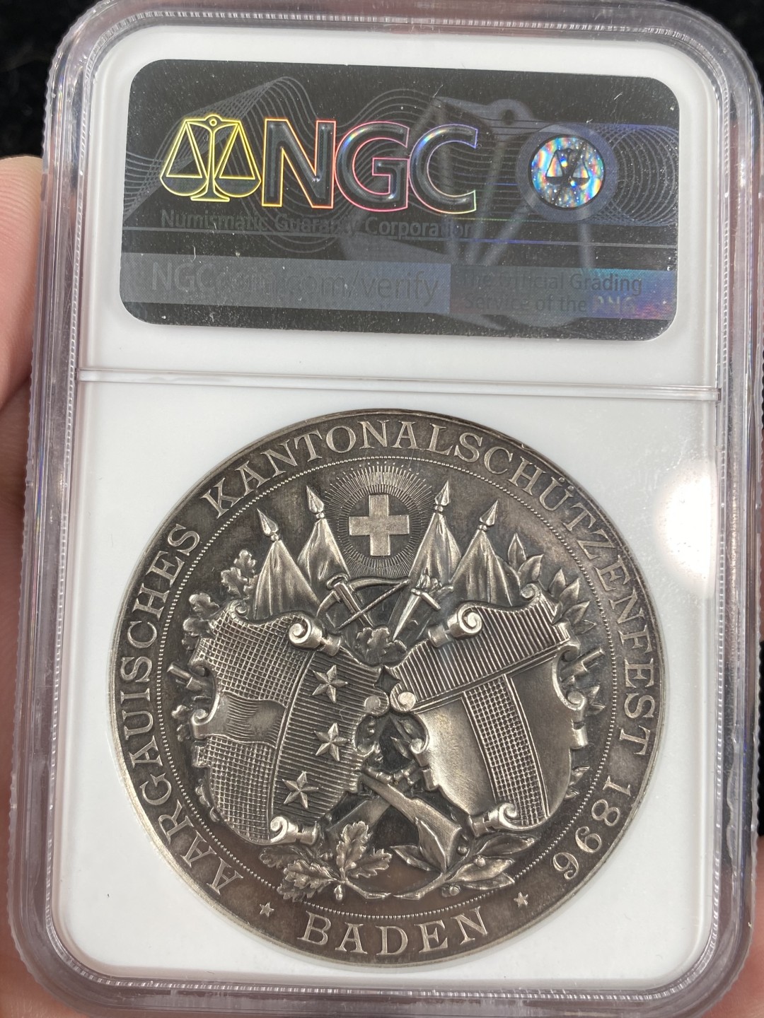 万国钱币拍卖第011期（视频直播专场） NGC MS63 1896年瑞士阿尔高射击节大银章，镜面高浮雕