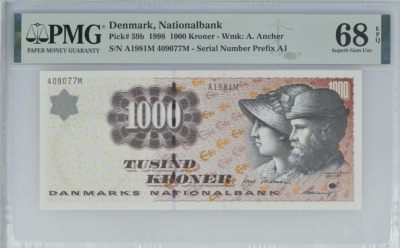 《张总收藏》108期—外币荟萃 - 丹麦1998年1000克朗最高值A1冠PMG68E冠军分 浮雕初版  丹麦画家安娜·安切尔夫妇 Pick-59b少见签名