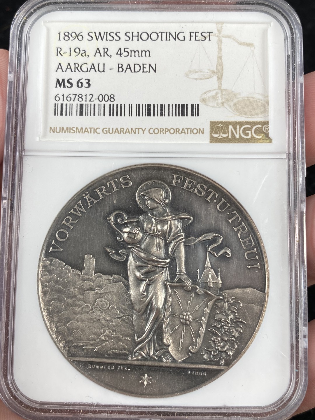 万国钱币拍卖第011期（视频直播专场） NGC MS63 1896年瑞士阿尔高射击节大银章，镜面高浮雕