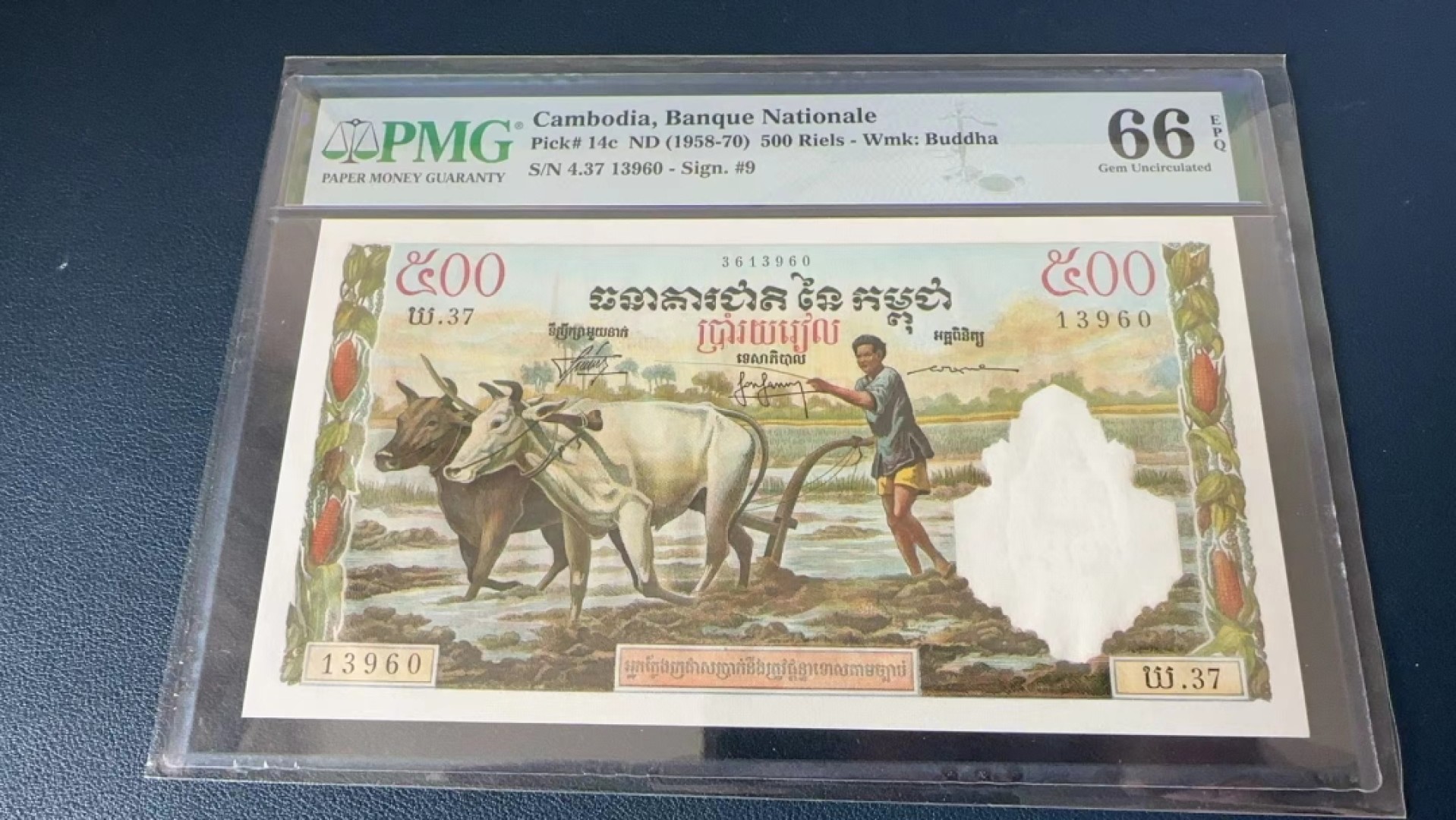 收藏联盟Quantum Auction 第270期拍卖 蜜月胜地-斐济 柬埔寨1958-70年500瑞尔 PMG66 号码无457 双面雕刻 帕夏威寺