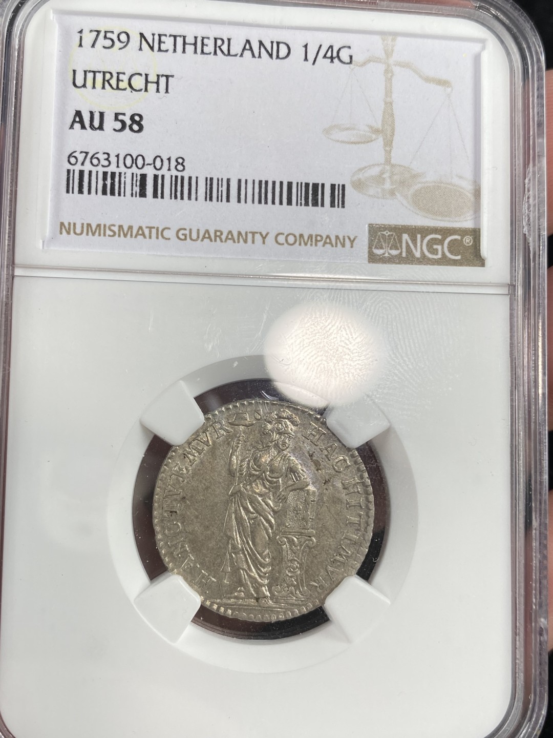 万国钱币拍卖第011期（视频直播专场） NGC AU58 1759年荷兰乌特勒支站人1/4盾