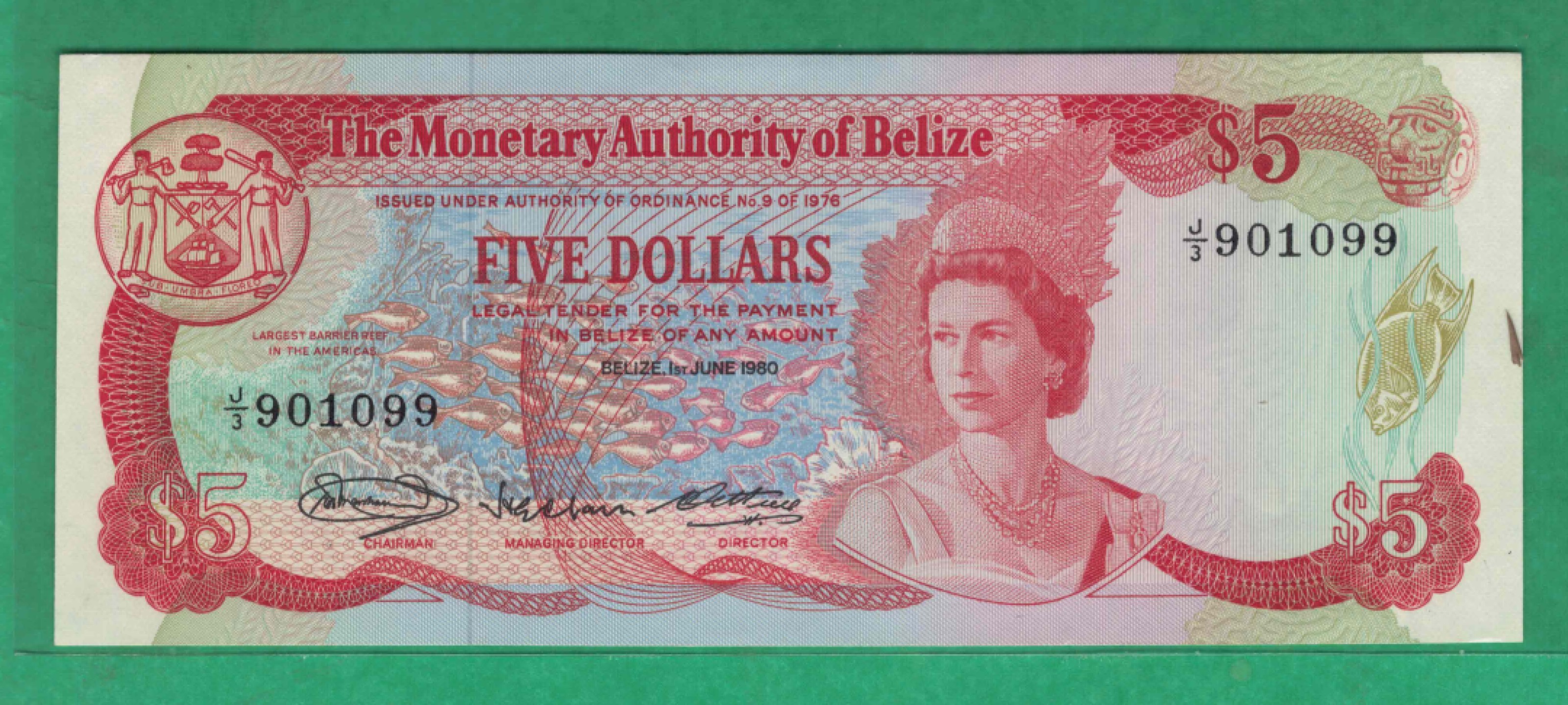 伯利兹1980年5元 P-39a 无47 99双尾 数三 美洲纸币 实物图 UNC