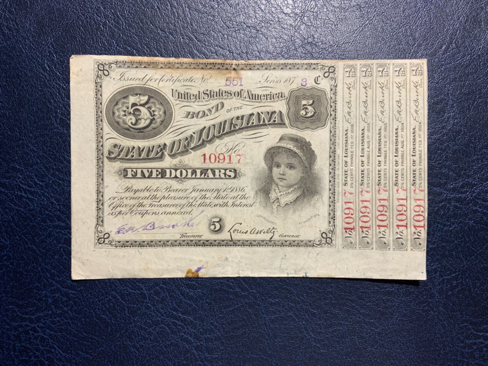 收藏联盟Quantum Auction 第270期拍卖 蜜月胜地-斐济 美国路易斯安那州1879年5元 品相AU
