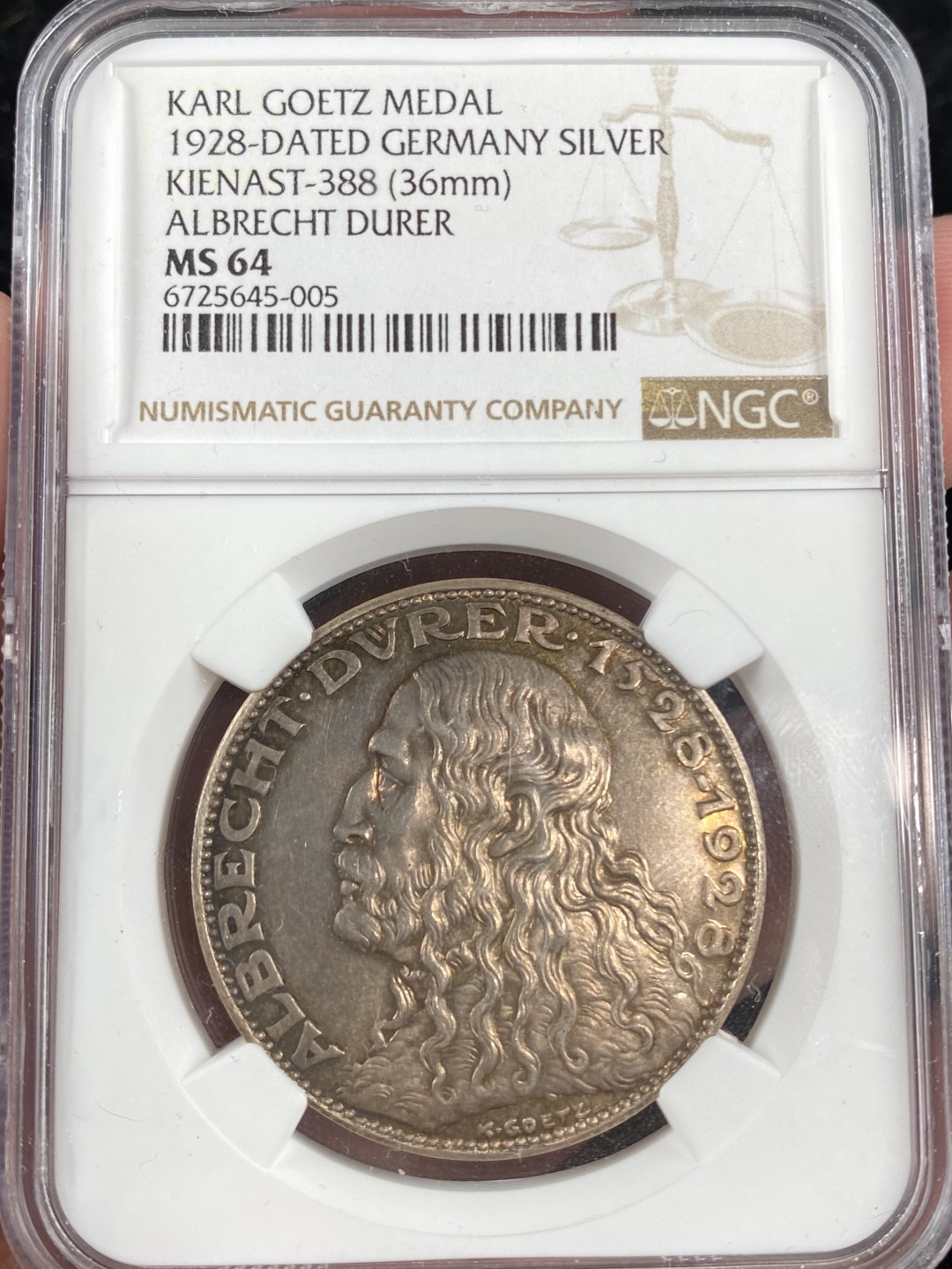 万国钱币拍卖第011期（视频直播专场） NGC MS64 1928年德国画家丢勒银章，卡尔哥茨设计