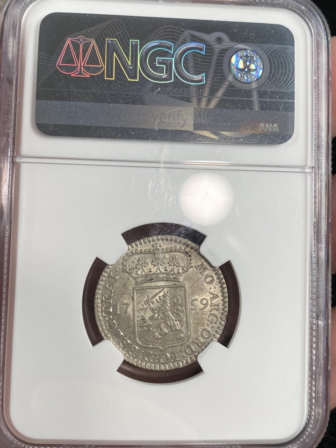 万国钱币拍卖第011期（视频直播专场） NGC AU58 1759年荷兰乌特勒支站人1/4盾