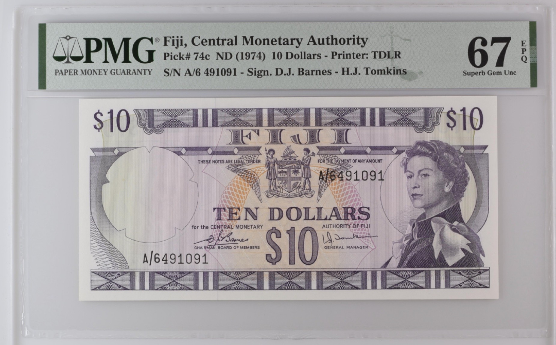 收藏联盟Quantum Auction 第270期拍卖 蜜月胜地-斐济 斐济1974年10元 PMG67  稀少冠军分 戎装次高面值
