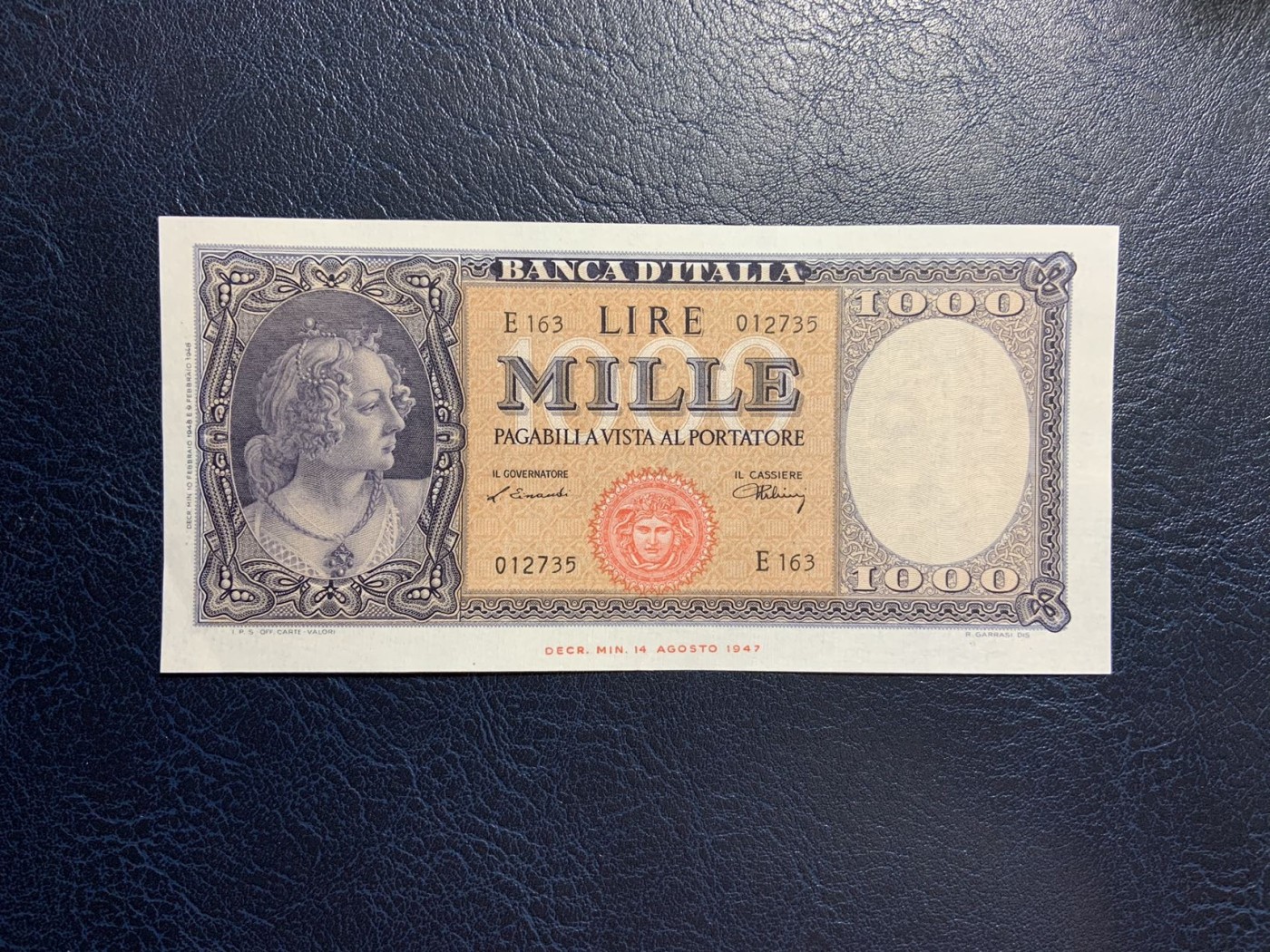 收藏联盟Quantum Auction 第271期拍卖  意大利1948年1000里拉 品相UNC- 初版 波提切利作品《春》的局部