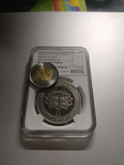 【专场20230705】欧亚大观第IV期——欧洲/亚太地区钞/币专场 - 【拍品003】塞浦路斯2007年1镑罗马条约纪念币白铜制，NGC-PF69UC
