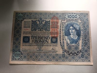 【专场20230630】欧亚大观第III期——欧洲/亚太地区钞/币专场 - 【拍品002】奥地利1918版1000克朗加盖在旧奥匈帝国纸币上，流通好品XF