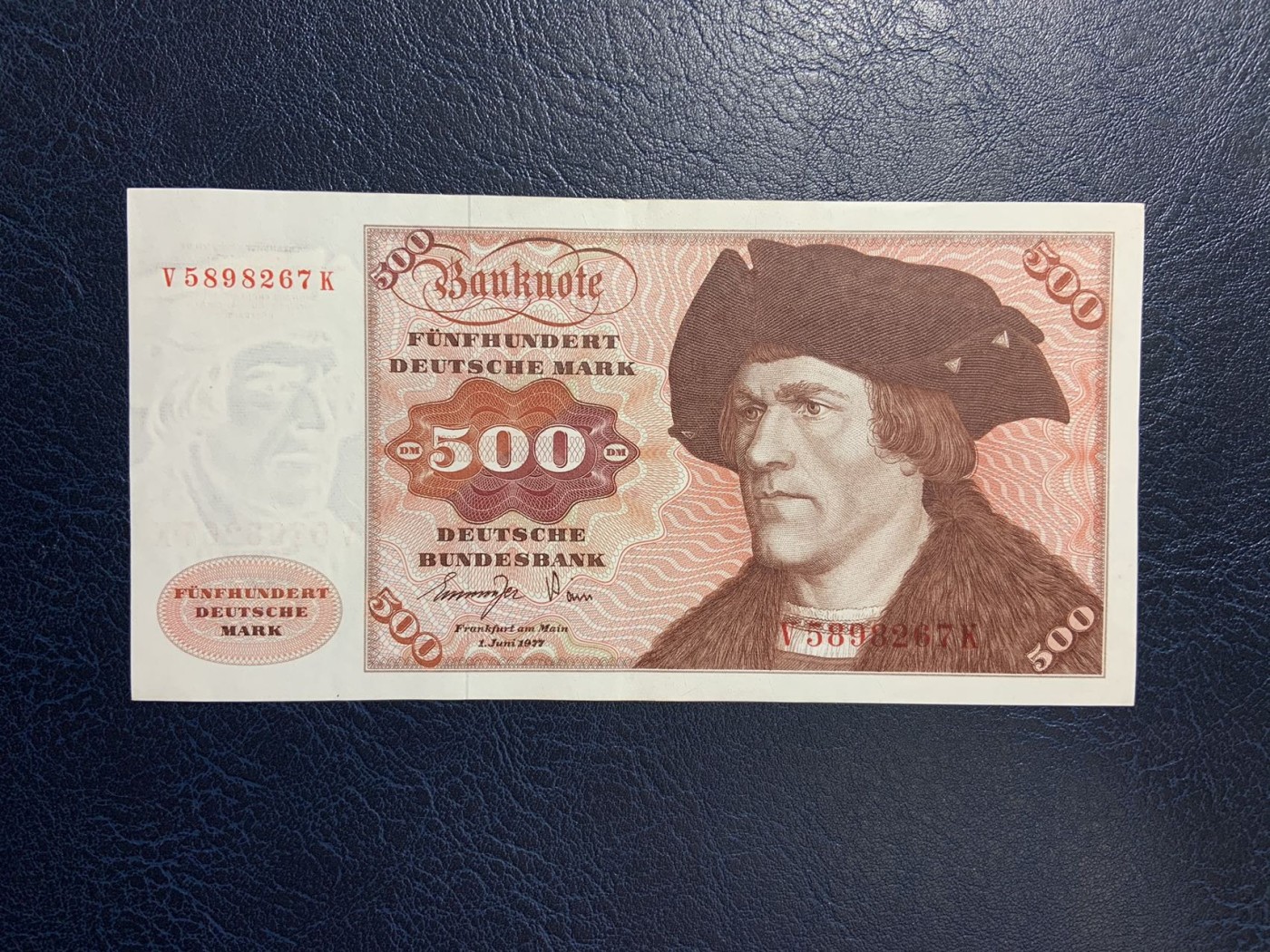 收藏联盟Quantum Auction 第271期拍卖  德国联邦1977年500马克 品相AU- 原票 大副