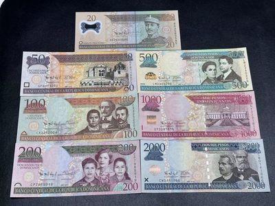 《外钞收藏家》第二百八十一期（连拍第一场） - 多米尼加纸币2009-12年钱币收藏套装 7枚(20-2000比索)大全套   全新UNC
