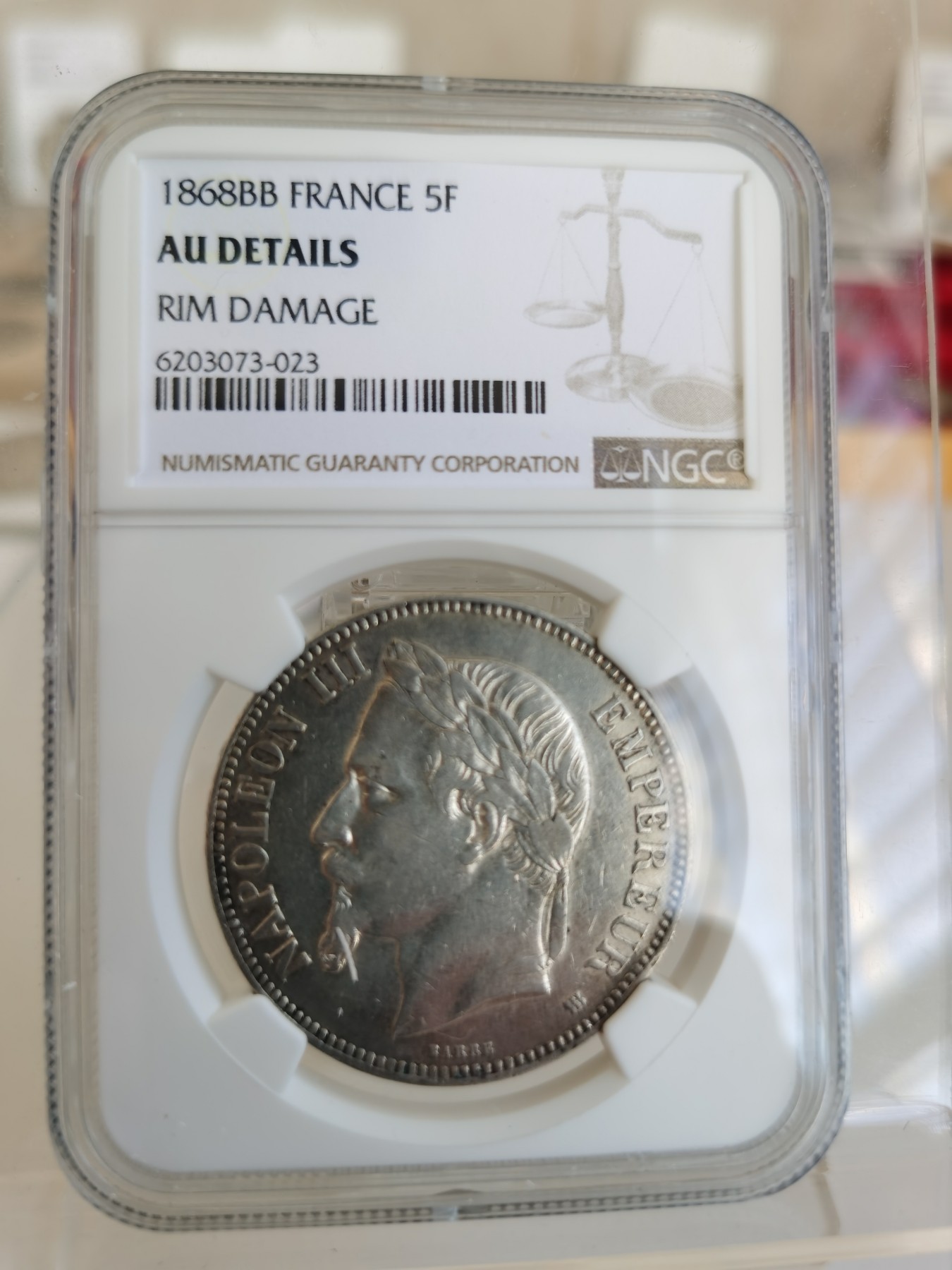 1868年 BB版法国拿破仑三世5法郎 ngc au 拿三5法郎银币  品相如图