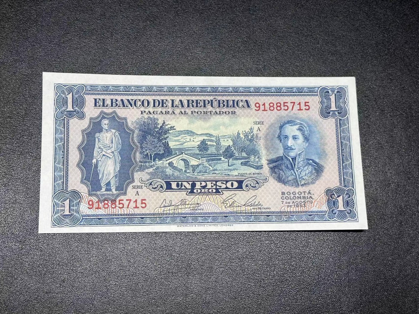 《外钞收藏家》第二百八十一期（连拍第一场） 全新1953年 哥伦比亚1 纪念钞-玻利瓦尔诞辰170年暨罗哈斯当选