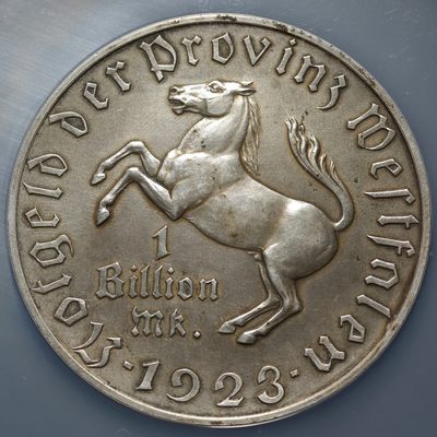  1923年 德国德紧威斯特法伦马币1万亿马克 大名誉品 世界上面值最大的硬币 发行量仅一万余枚 NGC MS62