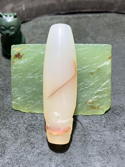 精美亚光高玉化海洋玉髓手工俏色巧雕夕阳独钓意境大桶珠一个 - 精美亚光高玉化海洋玉髓手工俏色巧雕夕阳独钓意境大桶珠一个