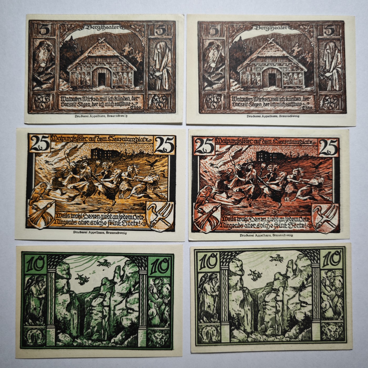 1921年 德国塔勒神话（巫婆跳舞、公主跳崖）全新纸币11张一组（Thale im Harz），面值：5\10\25\50\75\100芬尼（1马克）、3马克，目录编号：G/m1320.4~1320.9