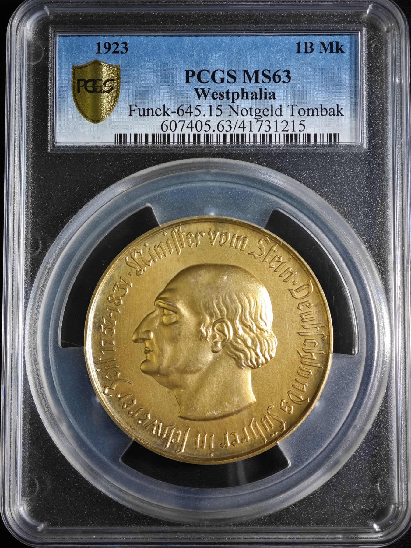  1923年 德国德紧威斯特法伦马币1万亿镀金马克 大名誉品 世界上面值最大的硬币 发行量仅100枚 PCGS MS63 (裸币20年昆克2.3w左右,22年昆克2.6w左右)