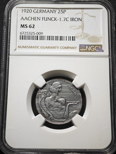 1920年 德国德紧亚琛25芬尼铁币样币 NGC MS62