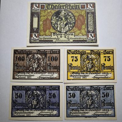1921年 德国塔勒神话（巫婆跳舞、公主跳崖）全新纸币11张一组（Thale im Harz），面值：5\10\25\50\75\100芬尼（1马克）、3马克，目录编号：G/m1320.4~1320.9