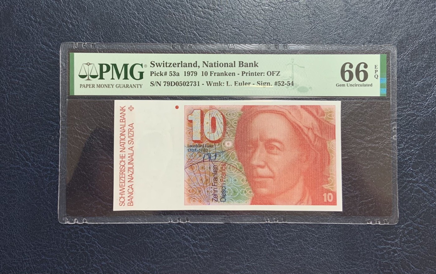 收藏联盟Quantum Auction 第271期拍卖  瑞士1979年10法郎 PMG66 首发年份 号码无4 数学家欧拉