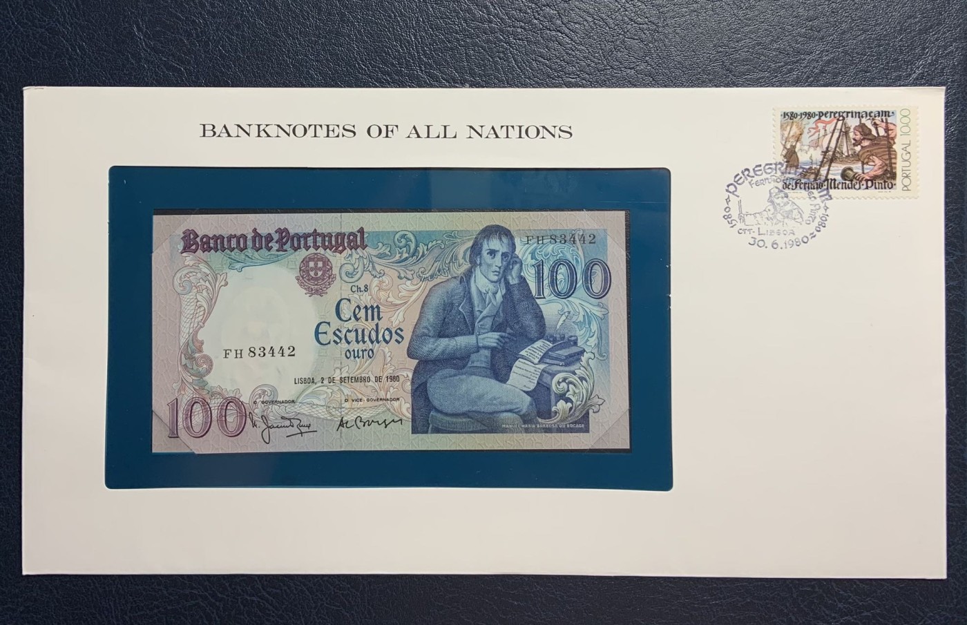 收藏联盟Quantum Auction 第271期拍卖  葡萄牙1980年100埃斯库多富兰克林邮币封 品相UNC 诗人博卡热