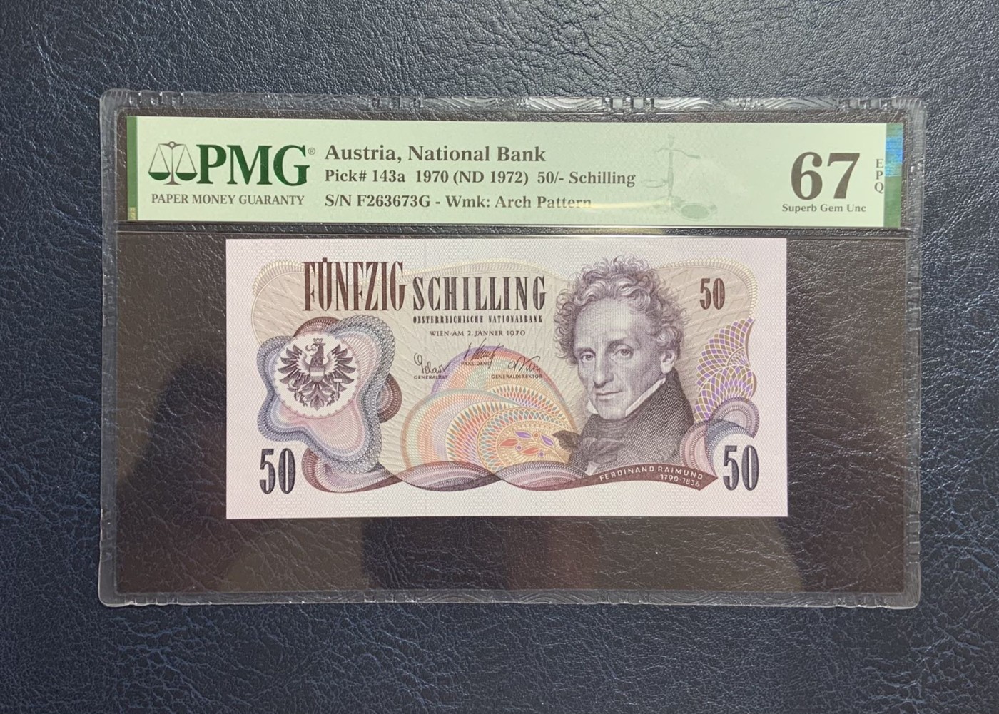 收藏联盟Quantum Auction 第271期拍卖  奥地利1970年50先令 PMG67 号码无4 剧作家雷蒙德